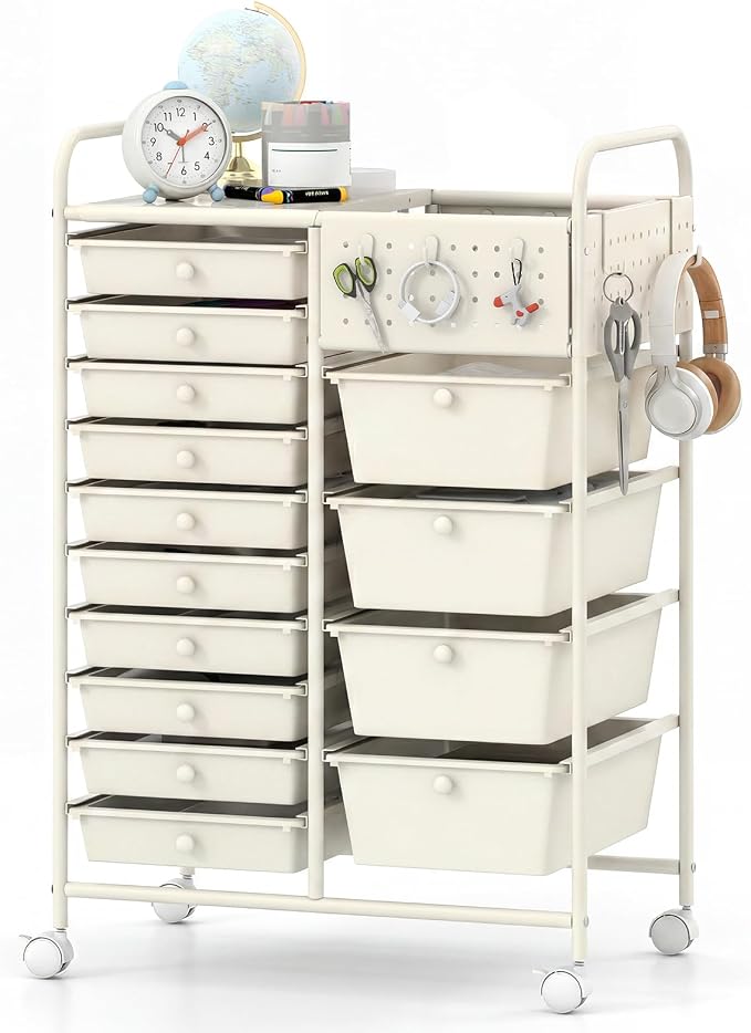 GOFLAME 14-Drawer Rolling Storage Cart with Pegboard, Craft Storage Cart with Lockable Wheels and Metal Frame, Multifunctional Art Cart Supply Storage Organizer for Home Office Classroom, White by GOFLAME