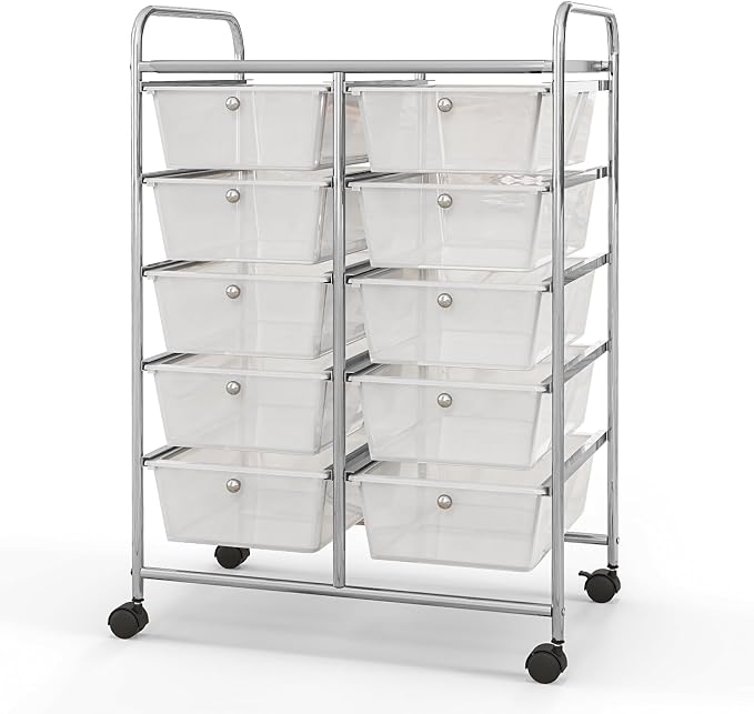 Giantex 10 Drawers Rolling Cart, Classroom Organizers, Storage Cart with Wheels, for Teacher Office Home School Supplies Tool Craft Art Paper, Clear White - Image 10