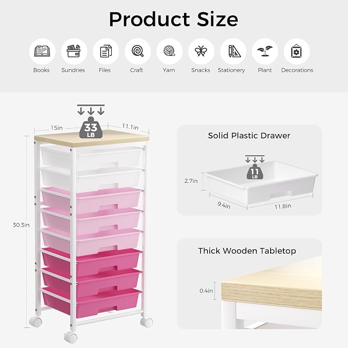 Rolling Cart with 8 Drawers, Plastic Drawer Storage Carts with Wheels & Wooden Tabletop, Metal Utility Cart Organizer for Bedroom Living Room Office Classroom Craft Organization and Storage, Pink - Image 2