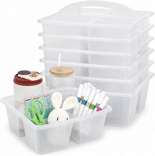 6 Pack 3 Compartment Small Caddy Plastic Classroom Organizer with Handle Portable Teacher Supply Storage Caddy Craft Art Caddies for Pencil, Crayon, Marker, Home, Office, School Supplies(Clear) by Yakydesign