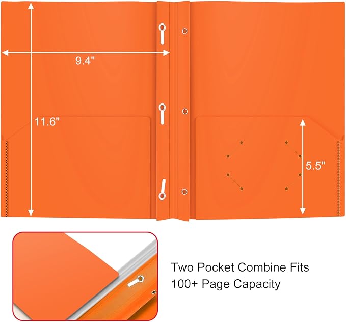 ViVin 12 Pack Plastic Folders with Pockets and Prongs, Heavy Duty 2 Pocket Folders with 3-Prong Fasteners, Poly File Holds 8-1/2" x 11" Paper for School Office Home (Orange) - Image 3
