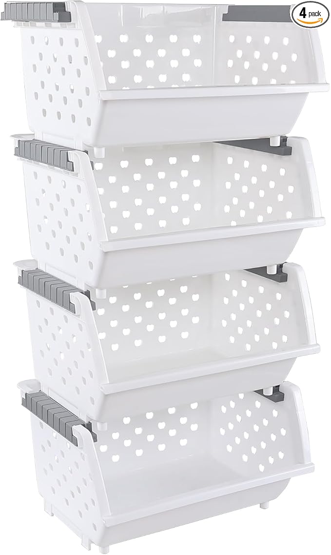Set of 4 Plastic Stackable Storage Baskets | Stackable Organizer Bins for Kitchen, Pantry and Bathroom, White by Lasbily