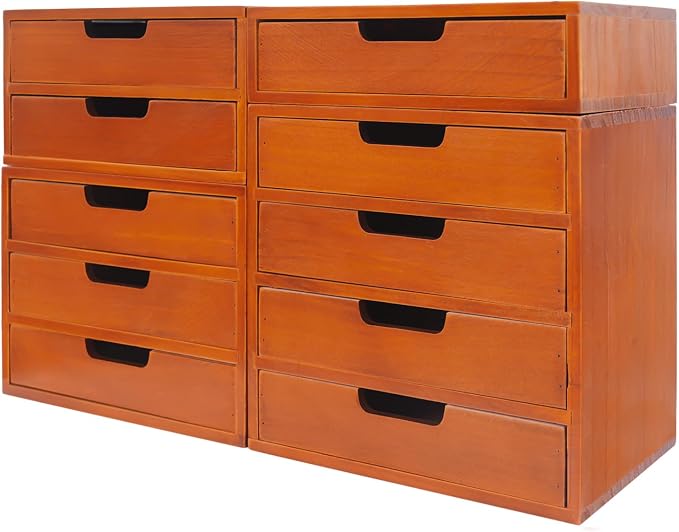 4-Piece Wood Drawer Cabinet Set, Desktop Storage Organizers, 10-Drawer Tabletop Storage Organizer, Desktop Wood Stackable Drawer Cabinet for Home Office Dormitory(Brown) - Image 5