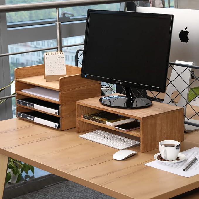 DDYURI Wood Stackable Paper Trays for Office Supplies and Accessories - Desk Organizer Tray for Letter Document Magazine -Wooden Desktop File Folder Holder Shelf 2 Set Light(2CTP-LT) - Image 8