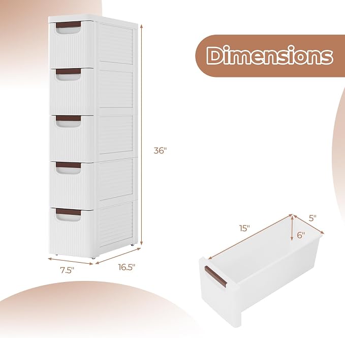 Giantex 5 Drawers Storage Cart, Narrow Plastic Dresser, Rolling Organizer Cart for Office Classroom Bedroom Bathroom Art Craft Supplies, Mobile Slim Utility Cart on Wheels (7.5"x16.5"x36") - Image 3