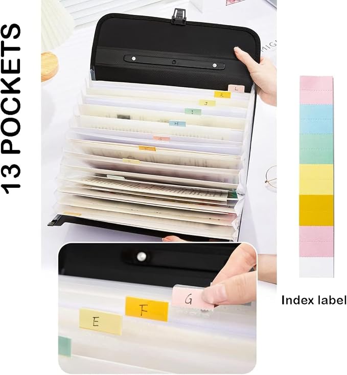 Extra Large Legal Size/Foolscap 12 Pockets Accordion File Organizer with Handle, TRANBO Portable Expanding File Folder, Expandable Plastic Document Organizer for Travel School Office - Black - Image 3