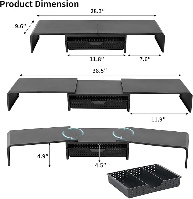 LEKETREE Dual Monitor Stand Riser with Drawer, Computer Stand for Desk, Workspace Desktop Stand, Desk Organizer for Computer, Laptop, TV and More (Black) - Image 7