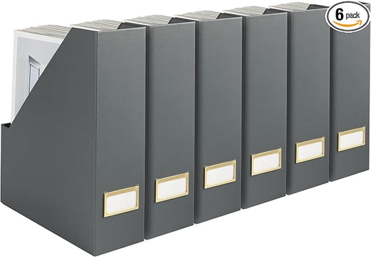 BLU MONACO | Set of 6 Foldable Grey Magazine File Holders with Gold Label Holders | Vertical File Organizer Boxes for Desk, Bookshelf & Home Office Storage by Blu_Monaco