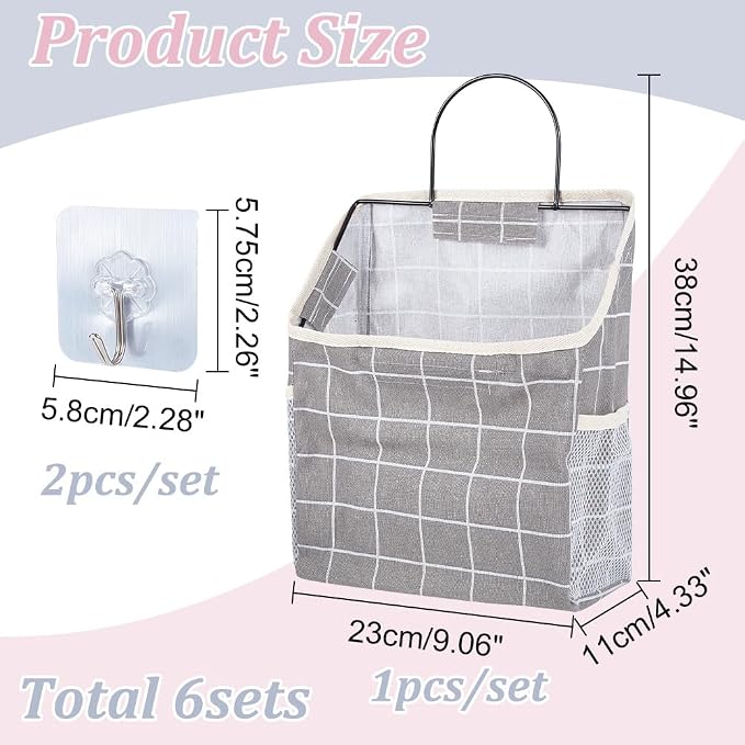 WADORN 6 Sets Wall Hanging Storage Bag, Multifunctional Door Closet Hanging Storage Basket with 6 Sticky Hooks Dorm Room Bedside Caddy Organizer for Bedroom Kitchen Bathroom, Grey - Image 2