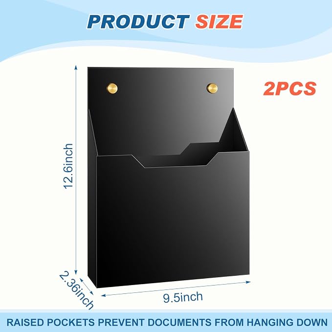 Feifeiya 2 Pcs Black Acrylic File Holder Wall Mount Mail Magazine Organizer File Holders with Screw Wall Office Document Storage Magazine Brochure (12.6"x9.5"x2.4", Widening Vertical, Black) - Image 2