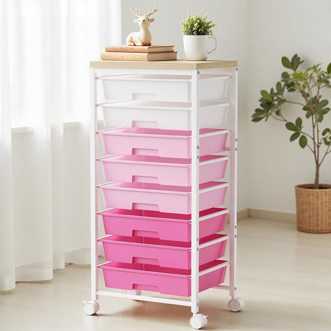 Rolling Cart with 8 Drawers, Plastic Drawer Storage Carts with Wheels & Wooden Tabletop, Metal Utility Cart Organizer for Bedroom Living Room Office Classroom Craft Organization and Storage, Pink - Image 7