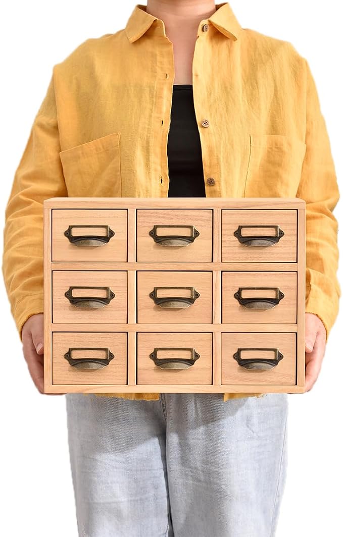 KIRIGEN Wooden Desk Organizer with 9 Drawers, Storage Cabinet, Natural | Solid Wood Desktop Organizer with Metal Label Handles for Office Supplies, Crafts, Tea Bags, Makeup, Fully Assembled - Image 8
