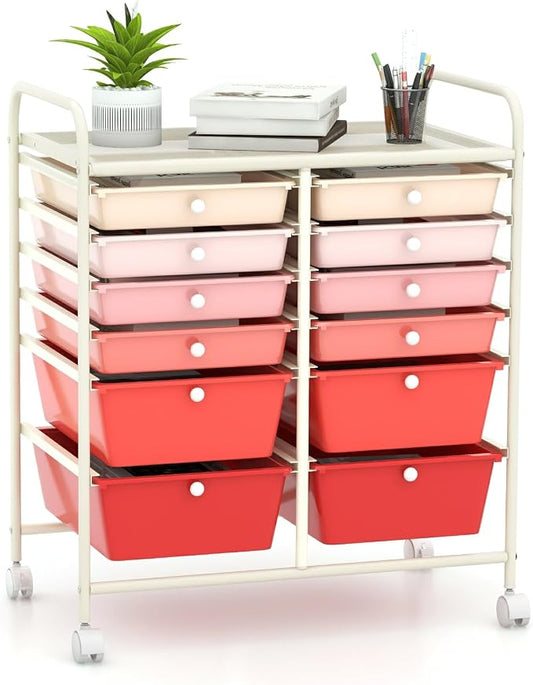 Moccha 12-Drawer Rolling Storage Cart - Utility Cart on Wheels with Lockable Casters for Craft Art Supply Paper Salon, Mobile Drawer Carts for Classroom Teacher School Office (Gradient Pink) by LDAILY