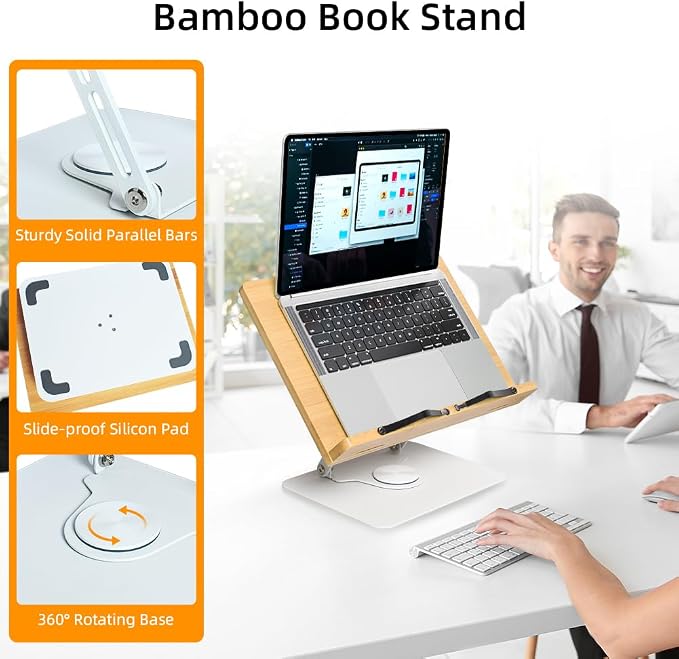 Wishacc 360 Degree Adjustable Book Stand, Reading Holder with Rotating Base (13.2 x 9.2 inches) | 360 Swivel Base, Bible Stand, Cook Book Stand for Kitchen Counter, Document Holder, Paper Stand - Image 5