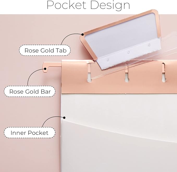Y YOMA 1 Pack Rose Gold Desktop Hanging File Organizer | 12 Pack Rose Gold Pocket Hanging File Folders with Tabs & Insert | Letter Size Metal File Kit for Desk Home Office, I Shaped - Image 3