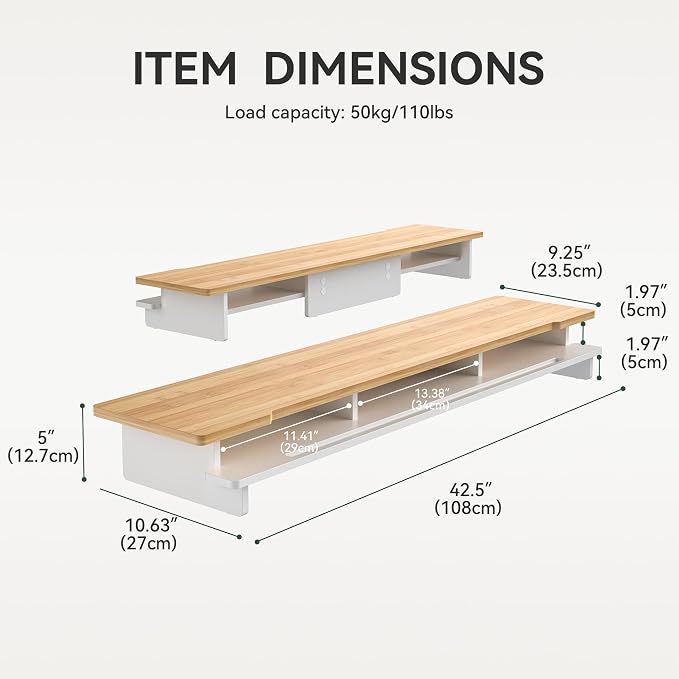 42.5" Dual Monitor Stand Riser with Phone Holder Desk Shelf White | Double Computer Monitor Stand for 55-72" Desk Wood Storage Organizer Cozy Computer Setup Workplace Organizer Keyboard Storage - Image 5
