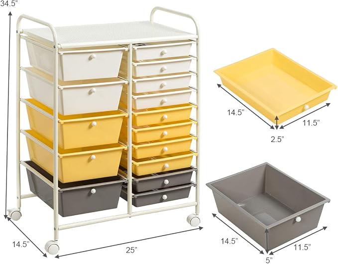 GOFLAME 15-Drawer Rolling Storage Cart, Craft Storage Cart with Removable Drawers & Lockable Wheels, Art Cart Supply Storage Organizer for Home Office Classroom, Yellow - Image 3
