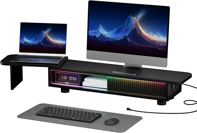 Artswish Dual Monitor Stand with Power Outlet, Black Desk Monitor Riser | 2 AC Outlets & 2 USB Ports, RGB Lighting, Sliding Storage, Flexible Side Shelf, Desk Riser for Work Study Gaming by Artswish