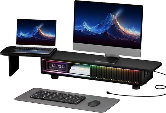 Artswish Dual Monitor Stand with Power Outlet, Black Desk Monitor Riser | 2 AC Outlets & 2 USB Ports, RGB Lighting, Sliding Storage, Flexible Side Shelf, Desk Riser for Work Study Gaming by Artswish