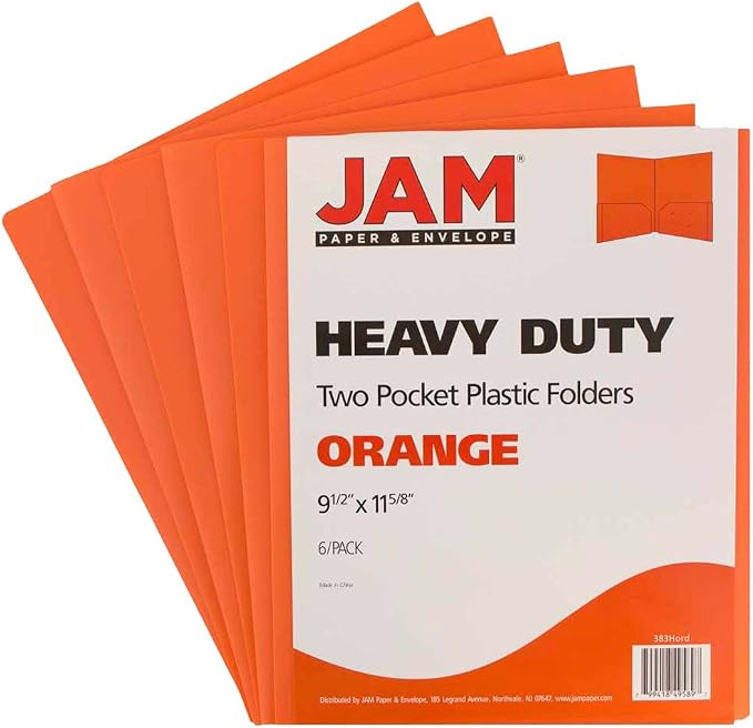 JAM PAPER Heavy Duty Plastic 2 Pocket Extra Tough School Folders - Orange - 6/Pack - Image 2