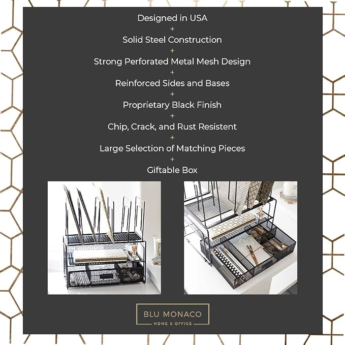 BLU MONACO | Black Wire Mesh Desk Organizer with Drawer | Desk Associates Women Office Set | File Sorters and Mesh Pen Holders Desktop Storage System - Image 3