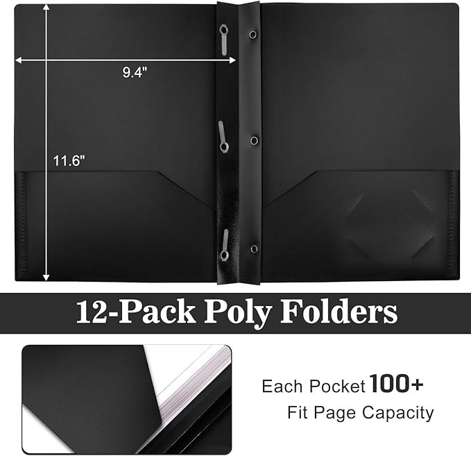 12-Pack Plastic Folders with Pockets and Prongs, 2-Pocket Poly Folders with 3 Fasteners Hold 8-1/2" x 11" Paper for School/Office/Home, Black - Image 2