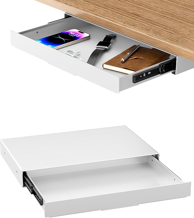 PUTORSEN Under Desk Storage Drawer 14.8" Wide - Smooth Slide Out Organizer for Standing Desk & Home Office, Max Load 17.6 lbs, Quiet Glide, White by PUTORSEN