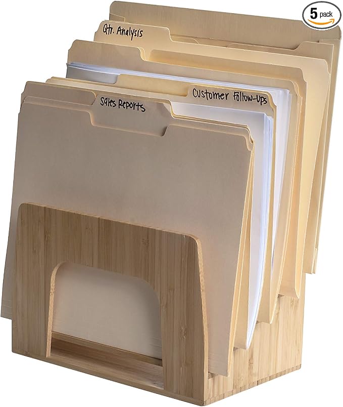MobileVision Bamboo Desktop Inclined File Folder Organizer and Paper Tray, Upright Sections, Step Sorter, 5 Slots by MobileVision