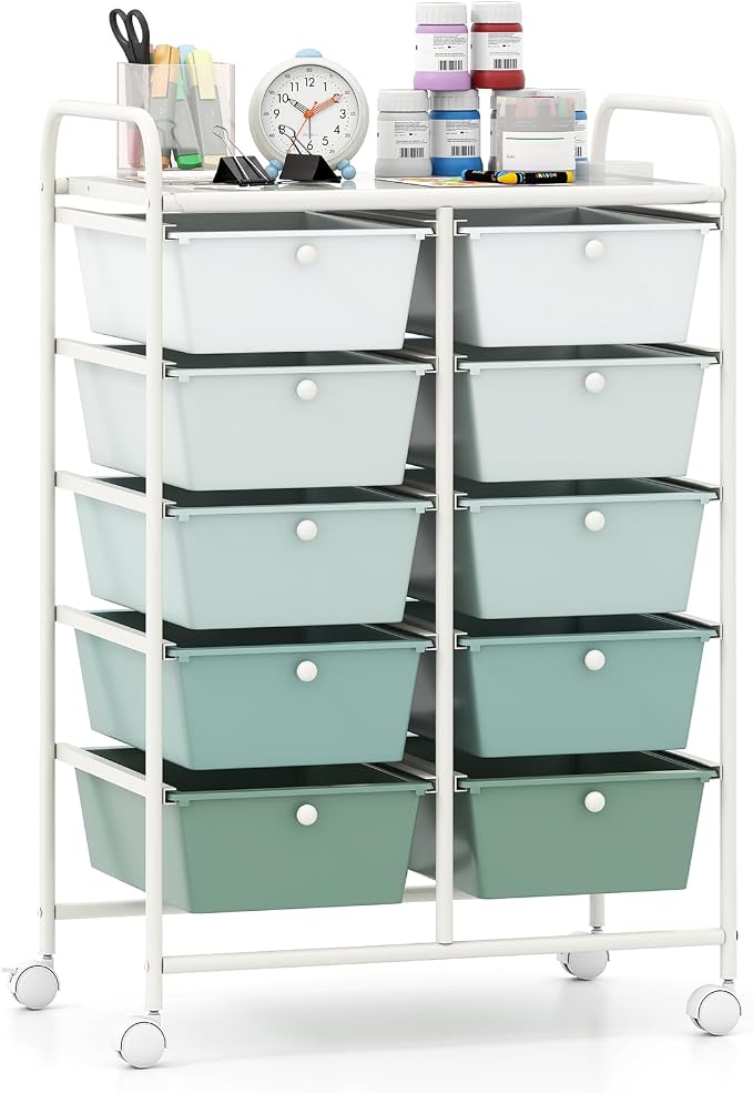 Giantex 10 Drawers Rolling Cart, Classroom Organizers, Storage Cart with Wheels, for Teacher Office Home School Supplies Tool Craft Art Paper, Green Gradient by Giantex