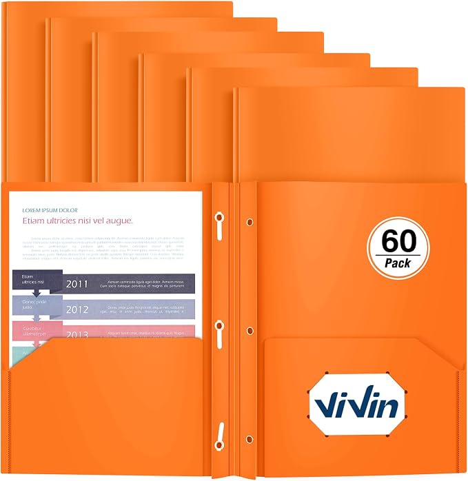 Heavy Duty Plastic Folder, 60 Pack, Pocket Folder with brads, Letter Size Poly File, Plastic Folders with 3 Prongs Fasteners - Orange by ViVin