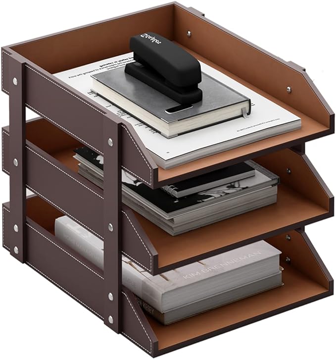 3 Tier Leather Magazine File Holder, Thipoten Paper Tray Organizer Desk Document File Organizer (Brown) by THIPOTEN