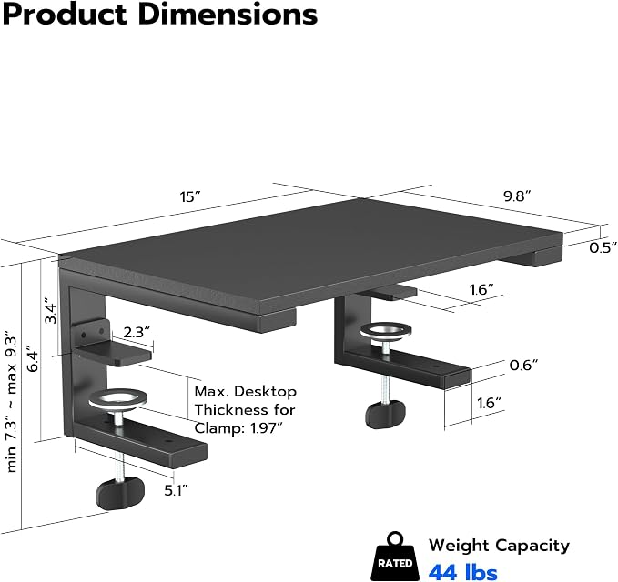 ARES WING Clamp-On Desk Extender Monitor Shelf, 15x9.8 up to 44lbs | Desktop Riser for Office/Gaming，Space Booster，Freestanding or Clamp Mount，No Drill Desktop Organizer，Black - Image 2