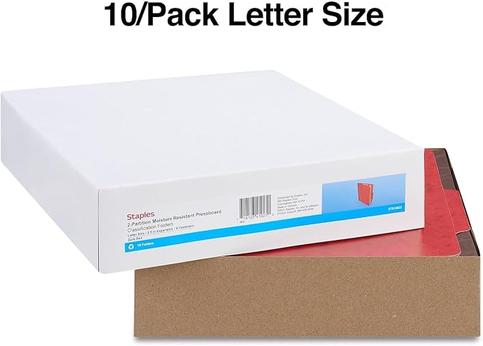 Staples Moisture‑Resistant Classification Folder, Letter Size, 2 Dividers, 2.5″ Expansion, Dark Red Pressboard, Durable Construction, 10/Box - Image 3