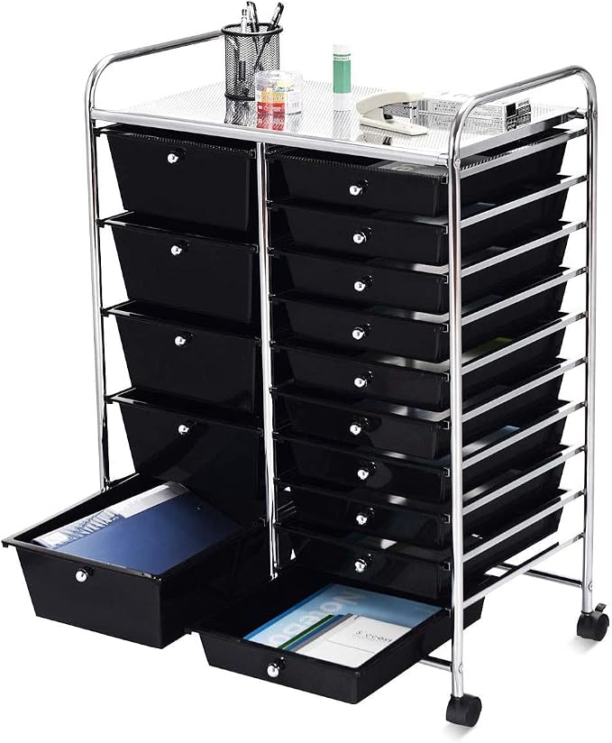 COSTWAY 15 Drawer Rolling Storage Cart, Mobile Utility Cart with Lockable Wheels, Drawers, Multipurpose Organizer Cart for Home, Office, School, Black - Image 9