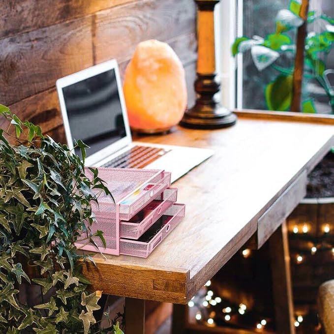 Annova Desk Organizer Wire Mesh 3 Tier Sliding Drawers Paper Sorter/Multifunctional/Premium Solid Construction for Letters, Documents, Mail, Files, Paper, Kids' Art Supplies (Light Pink) - Image 7