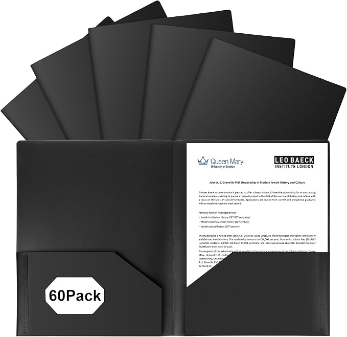 60-Pack Plastic Folders with Pockets,2-Pocket Poly Folders Holds 8-1/2" x 11" Paper for School/Office/Home, Black by EEHZTSIOFFICE