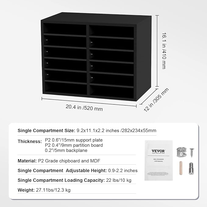 VEVOR Literature Organizers, 12 Compartments Office Mailbox with Adjustable Shelves，Wood Literature sorter 20.4x12x16.1 inches for Office, Home, Classroom, Mailrooms Organization, EPA Certified Black - Image 7