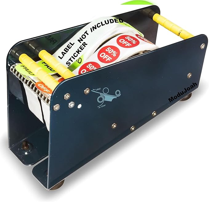 MDJ by Excell Manual Metal Label Sticker Dispenser with 4 Suction Cups Base for Tabletop, Adjustable Holder for Multiple Rolls for Office, Home, Warehouse, Easy Peel Off, Fits up to 3" Wide Labels by ModuJoah