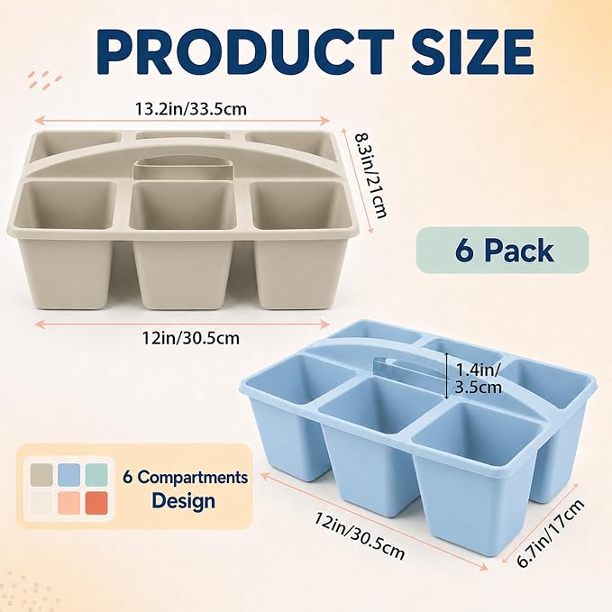 gisgfim 6 Pack Plastic Classroom Caddy with 6-Compartments Plastic Storage Caddies with Handle 6 Compartments Table Caddy Organizer Versatile Table Caddies for Classroom Office Storage, Morandi Color - Image 2