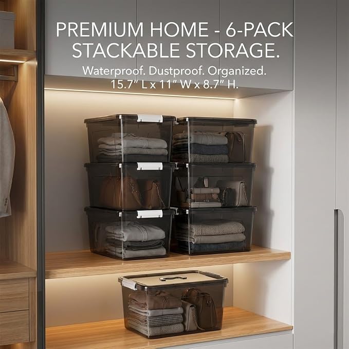 19 Quart Stackable Plastic Storage Bins with Lids, 6 Pack Clear Black Organizer Boxes with Secure Latches for Garage, Tools, Closet, Office, Durable Storage - Image 4