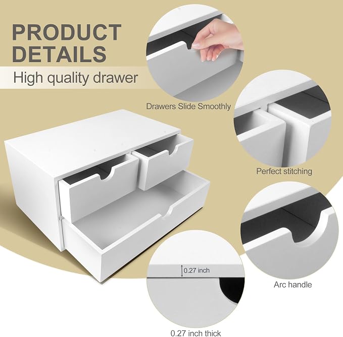 Charmewooden Bamboo Desk Organizer with 3 Drawers, Countertop Organizer with Drawers Makeup Storage Drawer 3 Drawer Tabletop Storage Organization Box Home Office Workspace（White） - Image 6