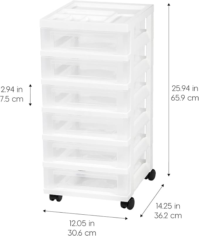 IRIS USA Plastic Drawer Storage Organizer Rolling Cart, 2-Pack, with Wheels Casters, 6-Drawers, for Classroom Art Craft Supplies Dresser Closet Bathroom Laundry Room, White/Clear - Image 3