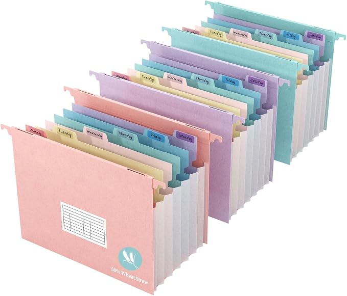 Expanding Hanging File Folders for Filing Cabinet, 7 Accordion Pockets, 1.2'' Expandable, Multi-Color Tabs, Letter Size, 50% Wheat Straw, 3 Pack (Assorted Pastel) by Tbay