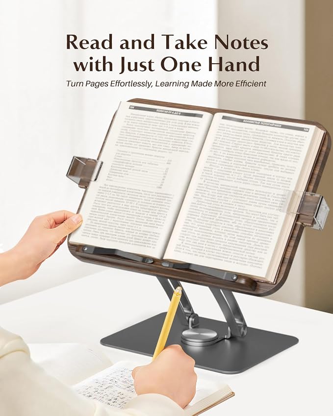 Book Stands for Reading,Adjustable Book Holder with 360° Rotating Metal Base,Foldable Cookbook Stand, Reading Hands Free with ABS Expandable Page Clips for Recipe,Textbook,Laptop - Image 2