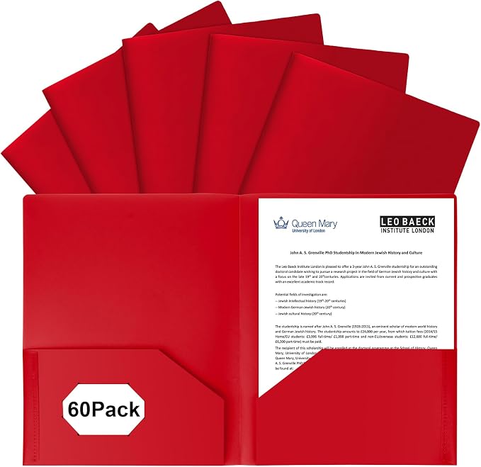 60-Pack Plastic Folders with Pockets,2-Pocket Poly Folders Holds 8-1/2" x 11" Paper for School/Office/Home, Red by EEHZTSIOFFICE