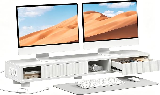 Artswish 42" White Dual Monitor Stand with Power Outlet & Storage Drawer | 42" Monitor Riser for Home Office, Built-In Power Outlet, Hidden Storage & Darwer, Adjustable Height by Artswish