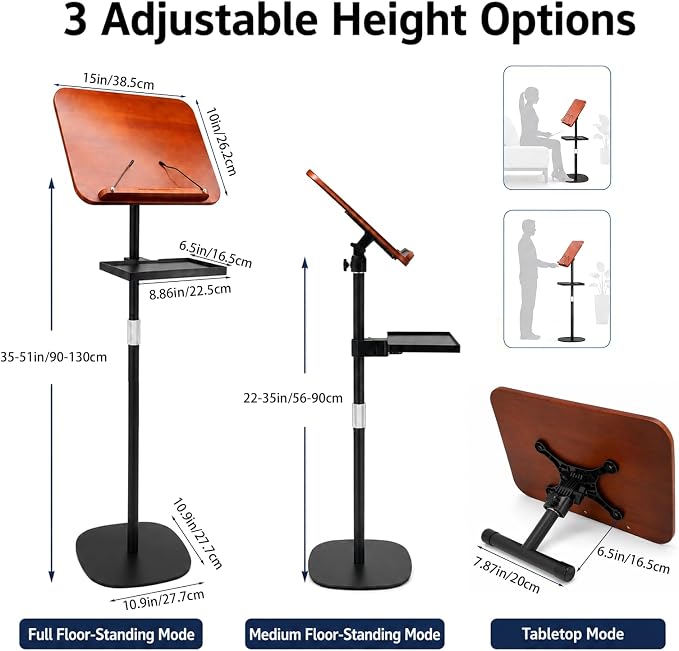 2-in-1 Dual-Use Music Stand & Desktop Book Stand with Storage Tray, Adjustable Height 22"-51" Solid Wood Book Holder with Page Clips, Laptop Floor Stand for Cookbooks, Sheet Music, Bible, Tablet - Image 2