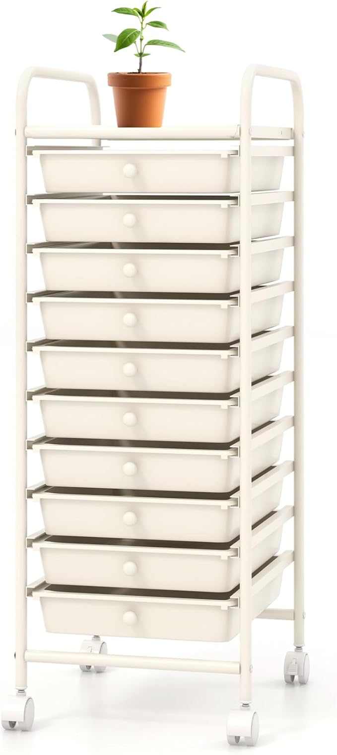 Storage Cart, Rolling Utility Cart with 10 Drawers, Portable Handles & Lockable Wheels, Mobile Paper Toys Storage Organizer Large Capacity for Home Office School Teacher (White) by OFFICEJOY