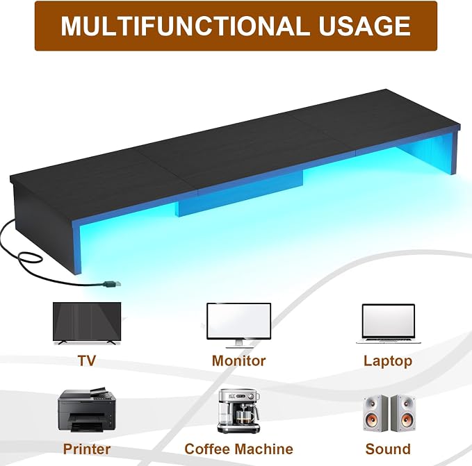 Qupui Dual Monitor Stand Riser for Desk with LED Lights, Large Computer Monitor Stand for 2 Monitors, Desk Shelf for Top of Desk, Desktop Organizer for Computer, Laptop, Printer, TV - Image 5