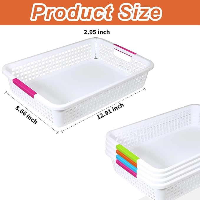 12 Pack Classroom Storage Baskets 15''x10''x3'' Large Plastic Paper Trays with Handle Letter Size A4 Paper Toy Basket Turn in Trays for Library Office Desk Drawer Organizing (12, White) - Image 2